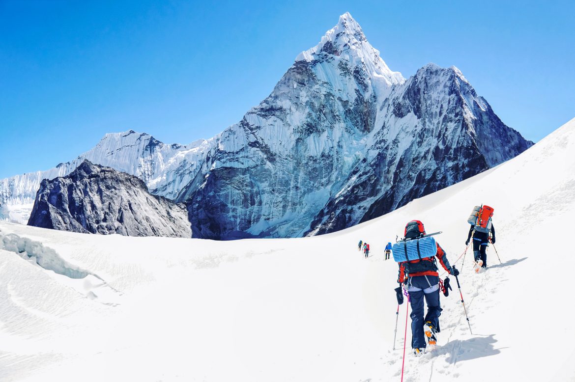 Group,Of,Climbers,Reaching,The,Everest,Summit,In,Nepal.